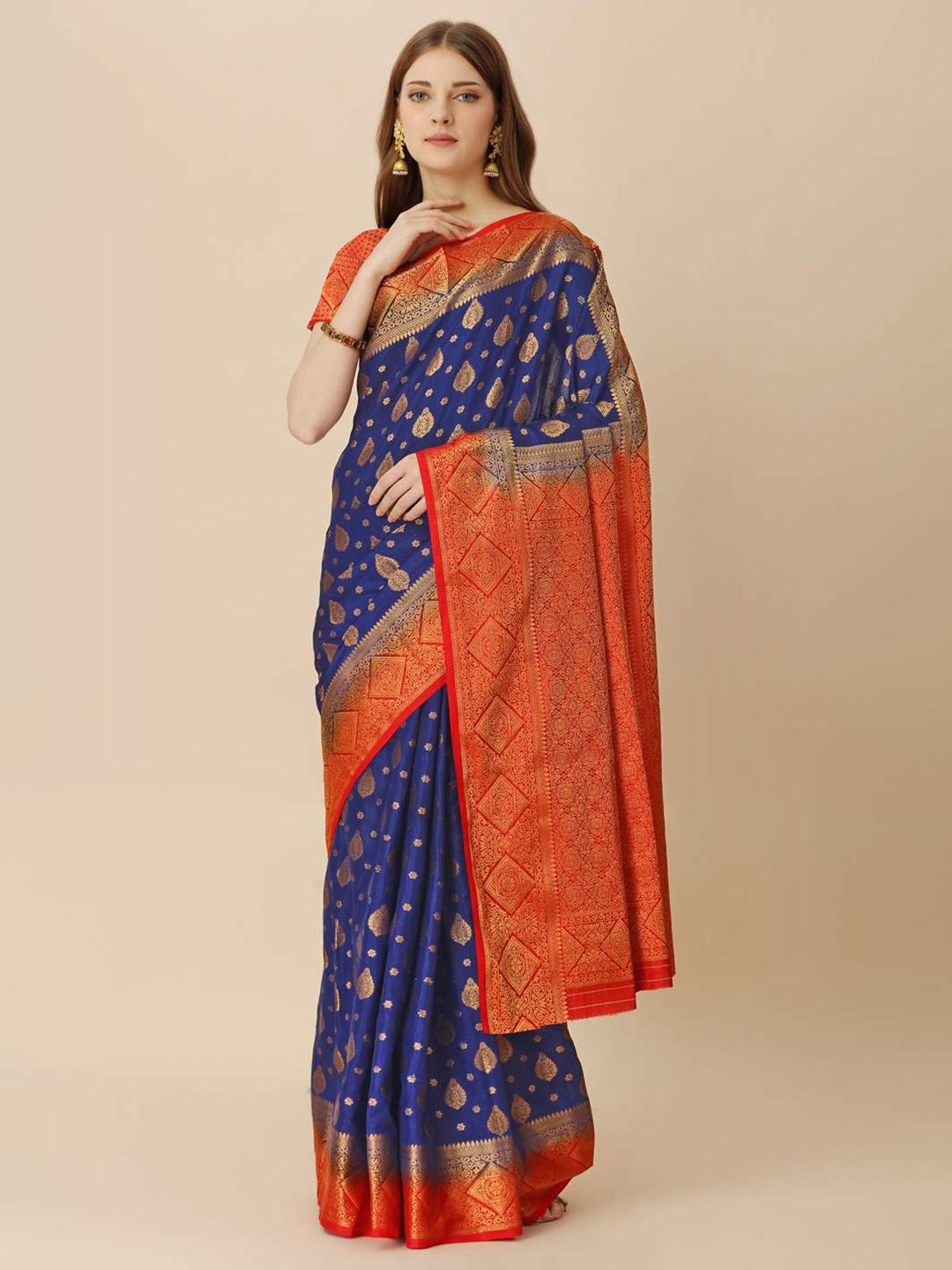 

Indian Women Ethnic Motifs Woven Design Zari Art Silk Saree, Blue