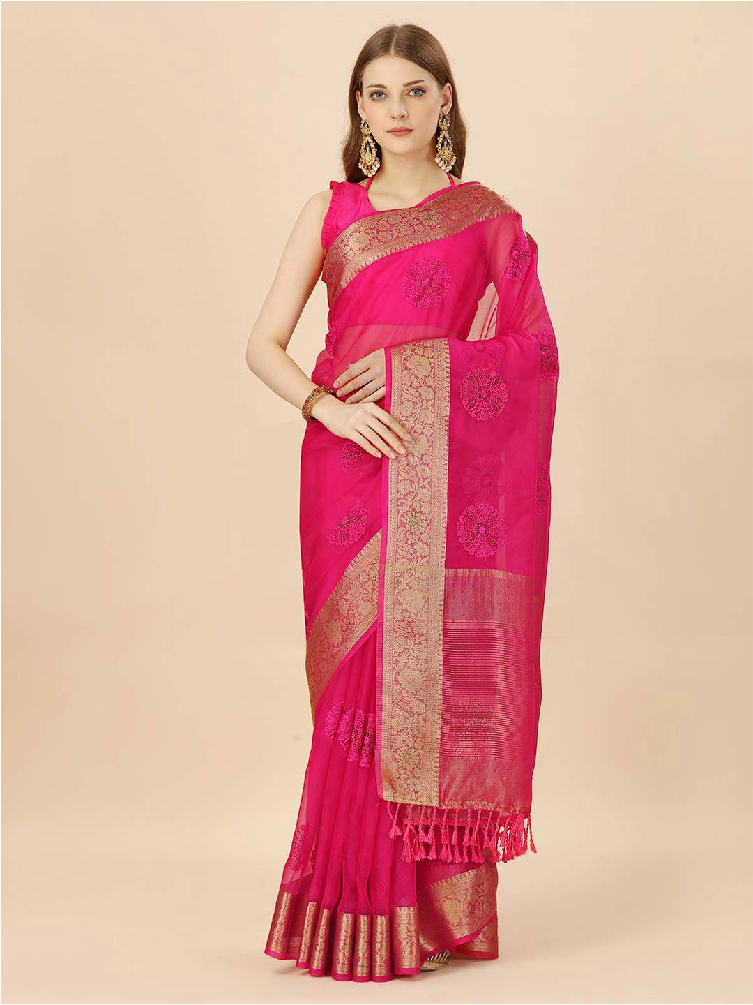 

Indian Women Embellished Zari Organza Saree, Pink
