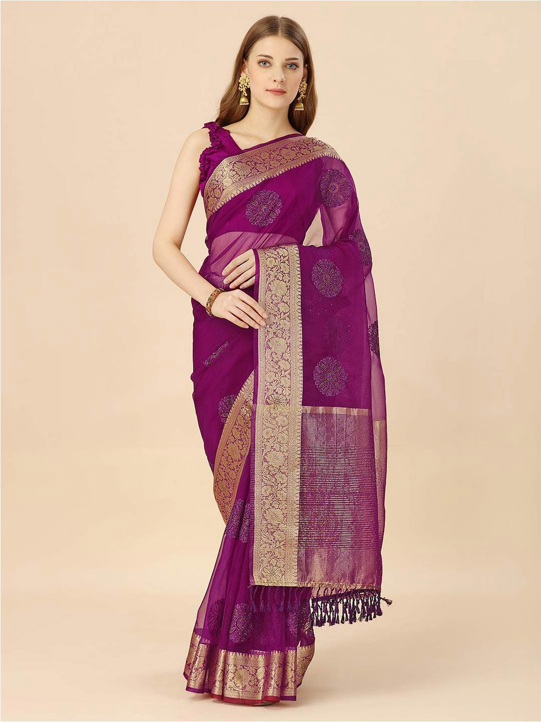 

Indian Women Ethnic Motifs Woven Design Zari Organza Saree, Purple