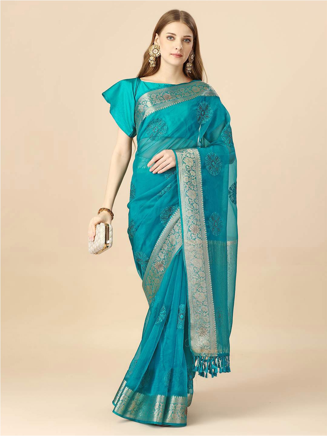 

Indian Women Ethnic Motifs Embroidered Zari Organza Saree, Teal