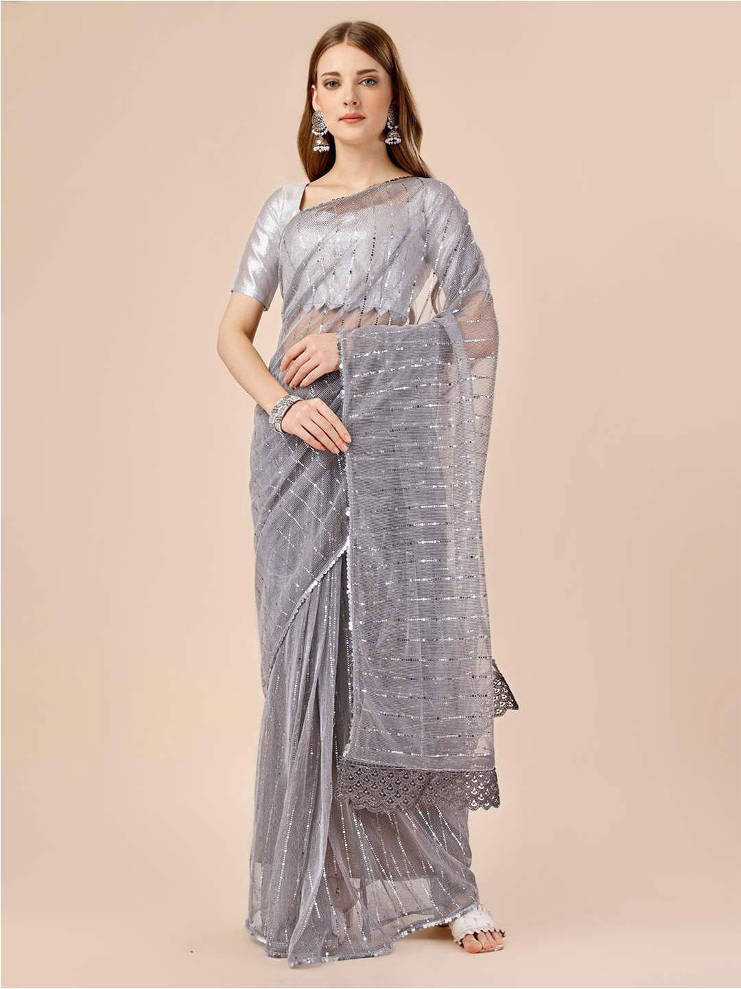 

Indian Women Striped Sequinned Saree, Grey