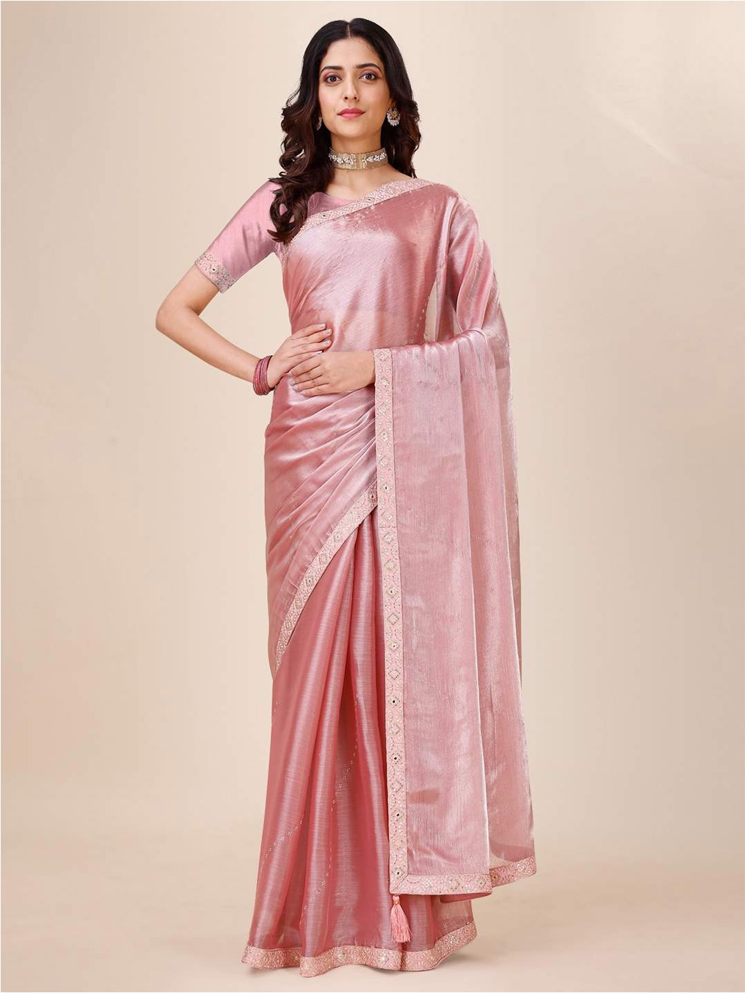 

Indian Women Embellished Silk Cotton Saree, Pink