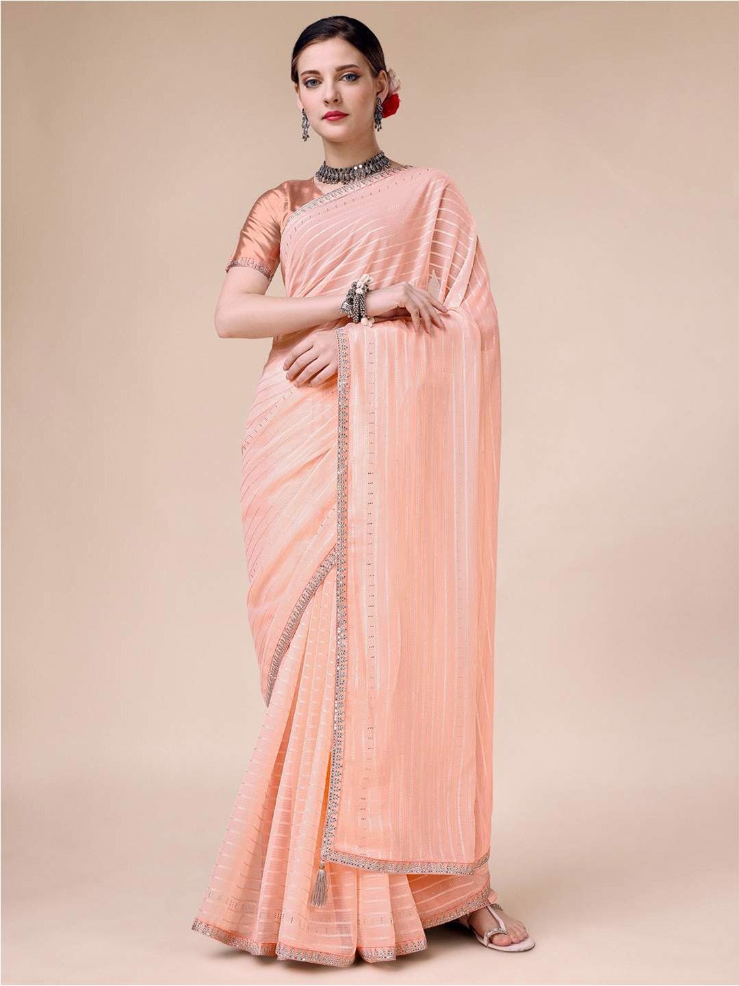 

Indian Women Striped Sequinned Saree, Peach