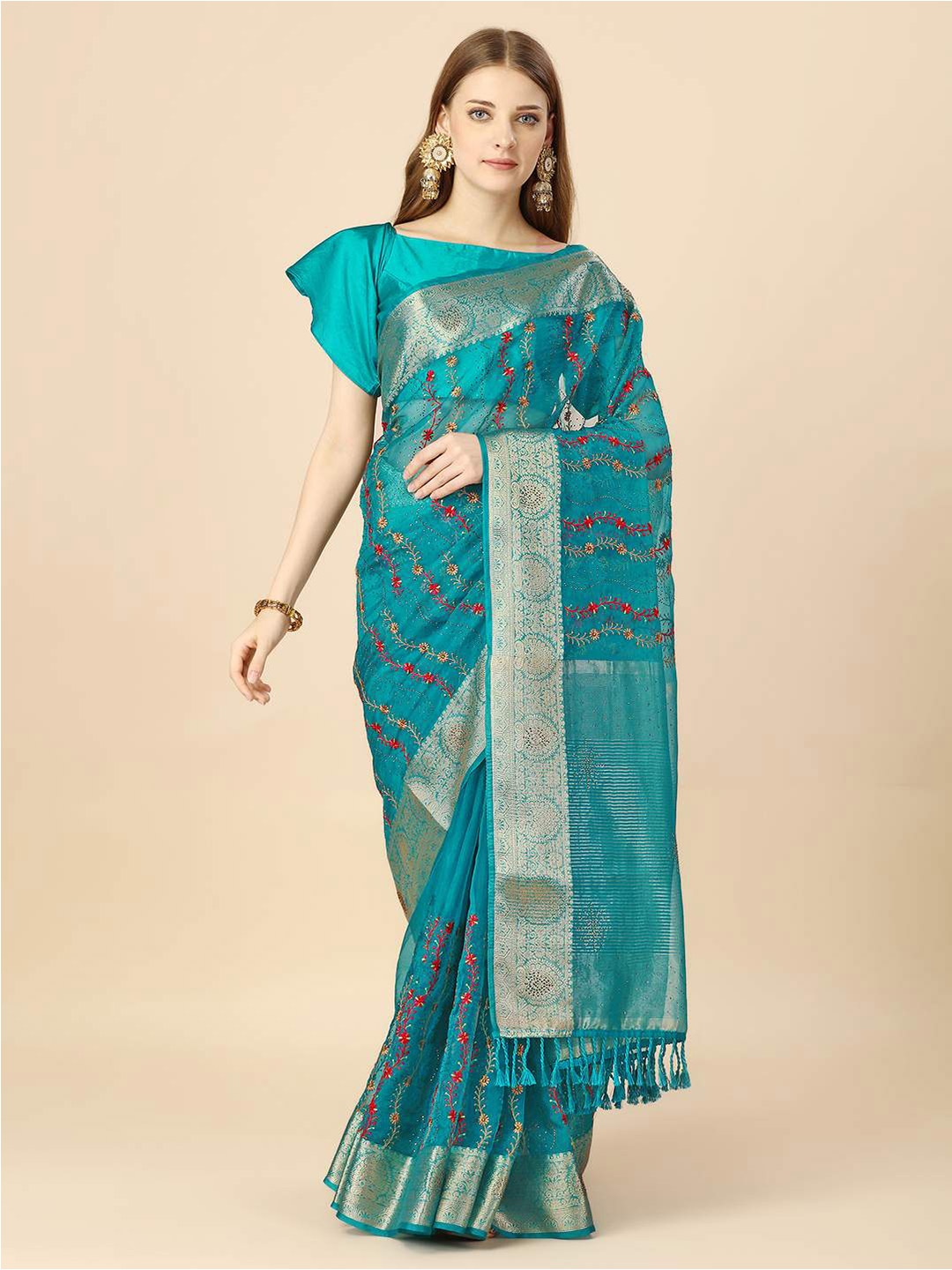 

Indian Women Floral Embroidered Zari Organza Saree, Teal