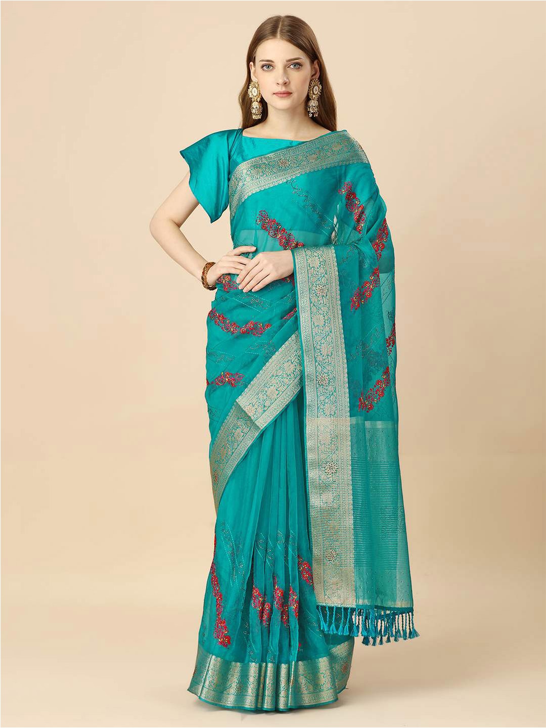 

Indian Women Floral Embroidered Zari Organza Saree, Teal