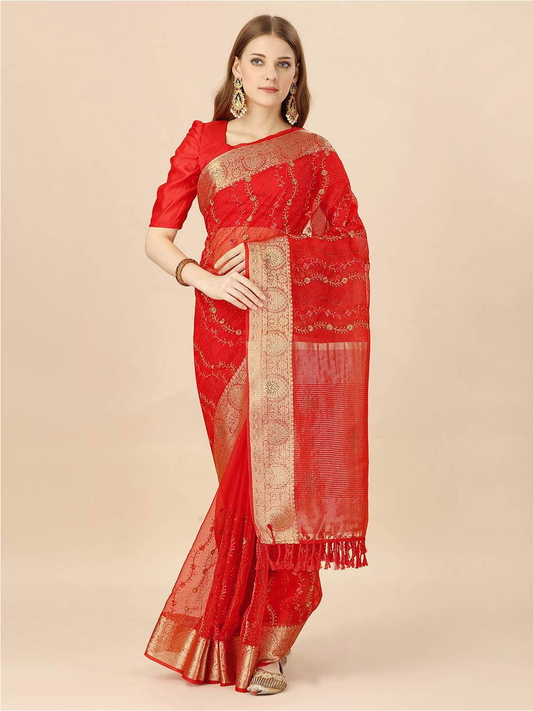

Indian Women Floral Embroidered Zari Organza Saree, Red