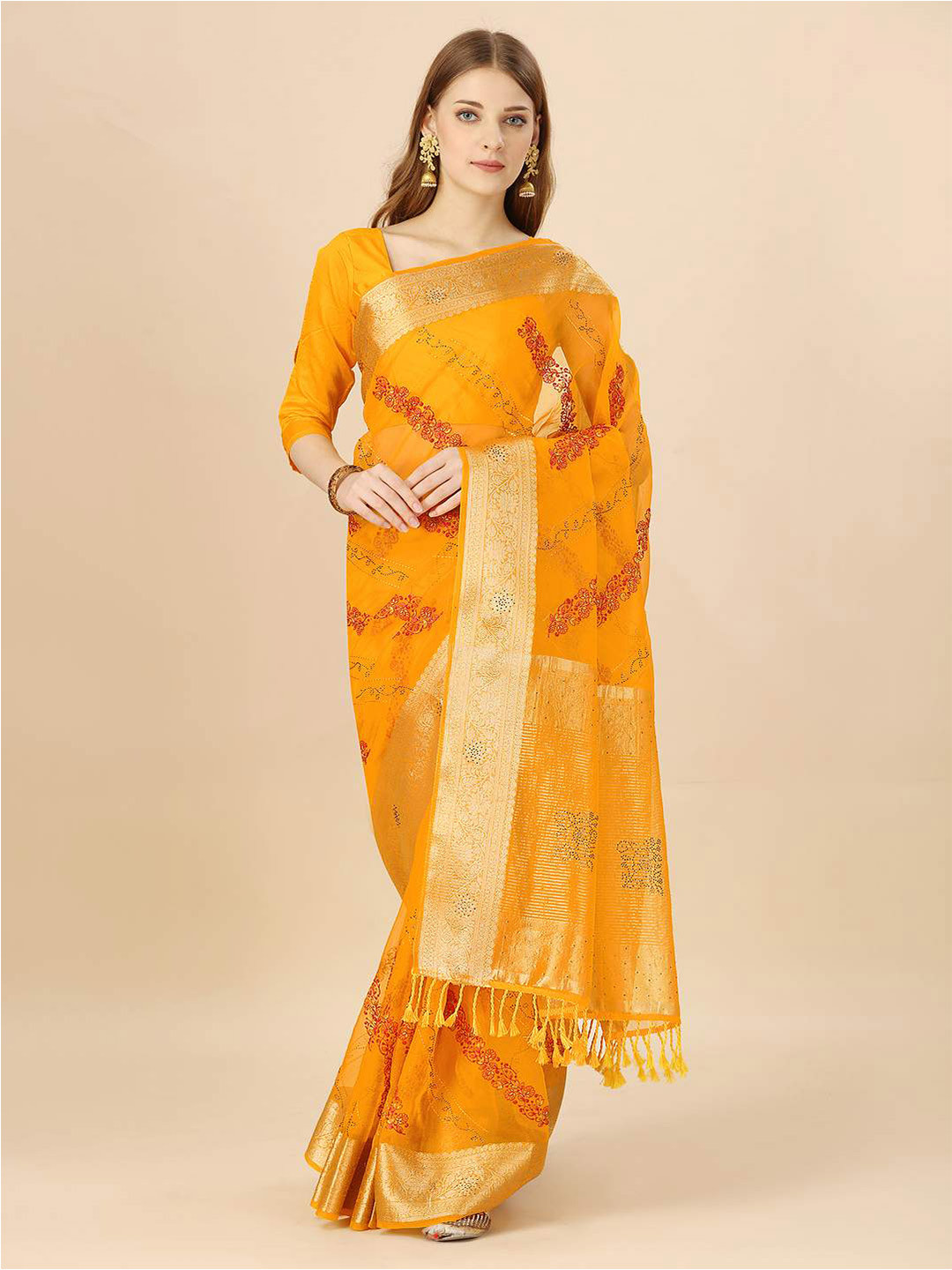 

Indian Women Ethnic Motifs Embroidered Zari Organza Saree, Yellow