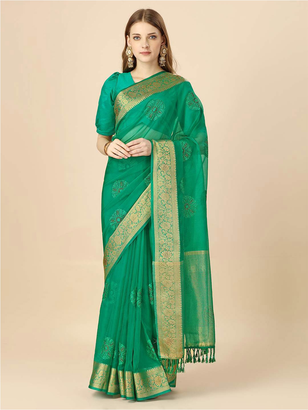 

Indian Women Floral Embroidered Zari Organza Saree, Green
