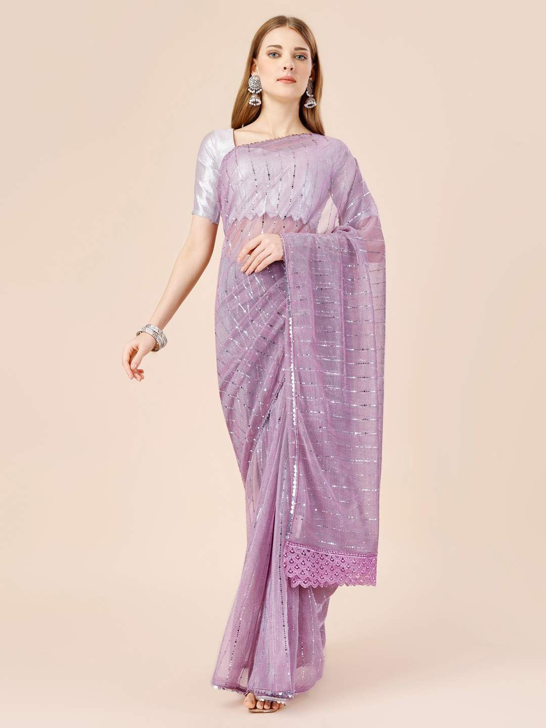 

Indian Women Striped Sequinned Saree, Lavender