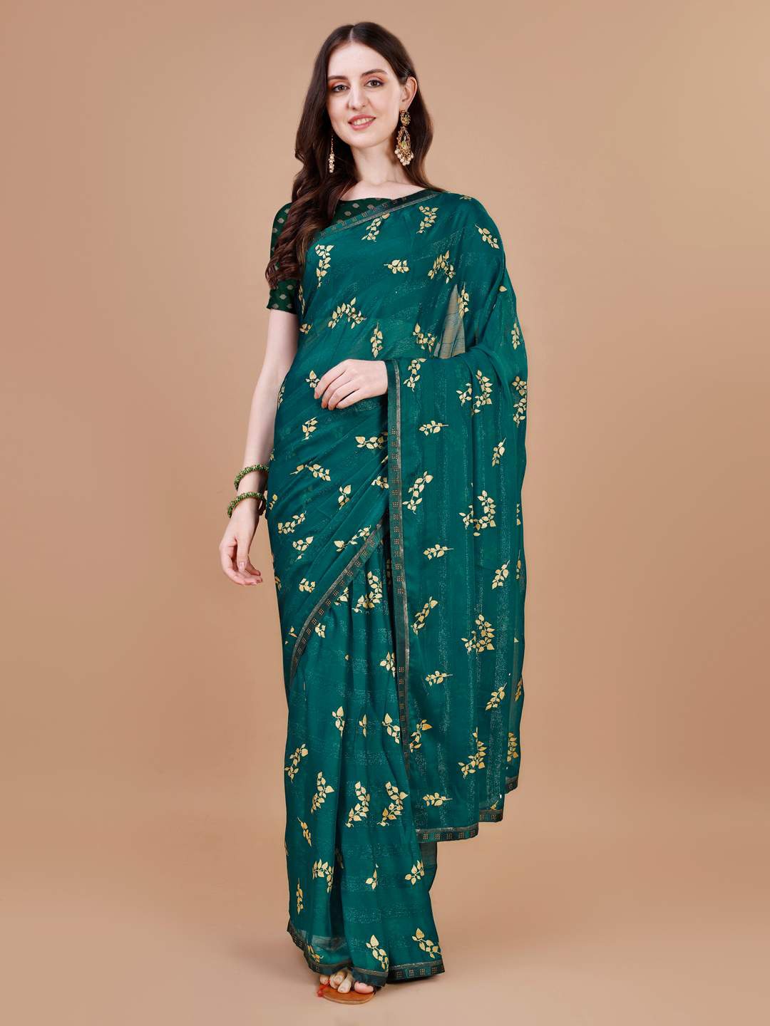 

Indian Women Floral Foil Printed Pure Chiffon Saree, Green
