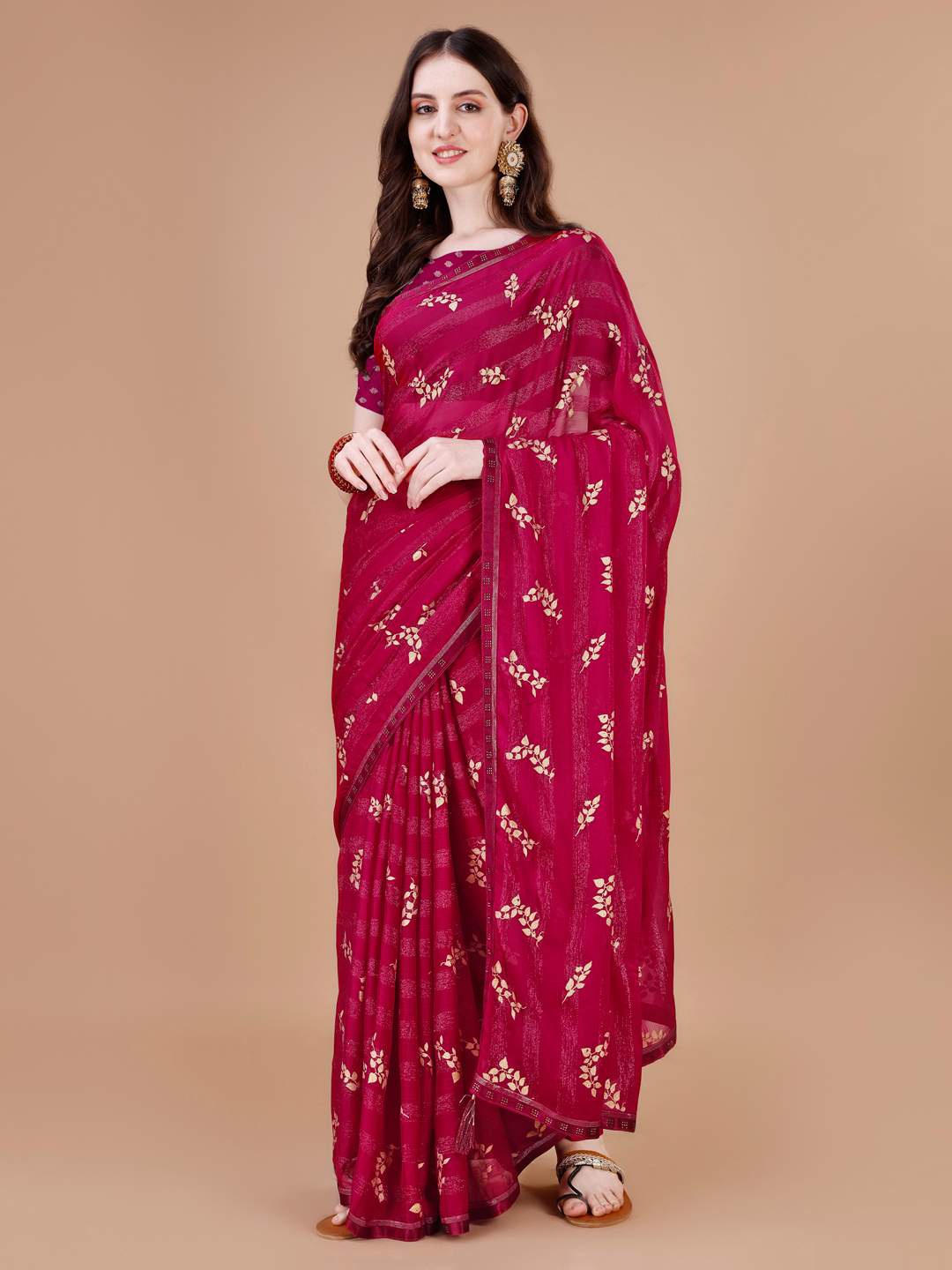 Indian Women Floral Foil Printed Pure Chiffon Saree, Pink