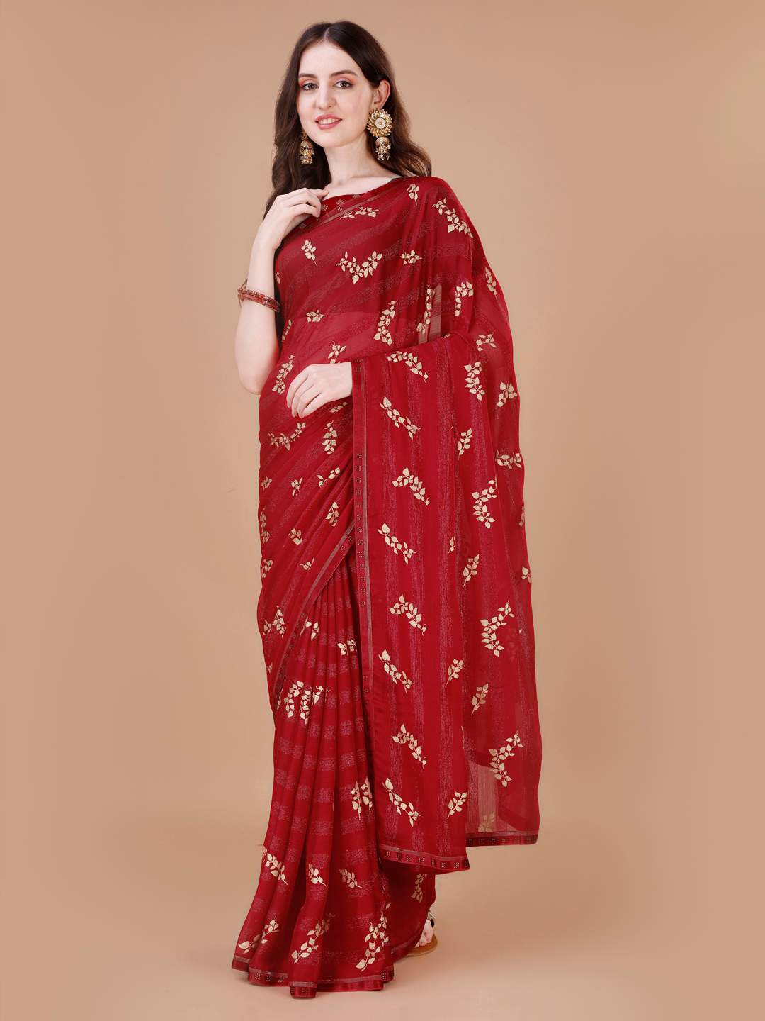 

Indian Women Floral Printed Beads and Stones Pure Chiffon Saree, Red