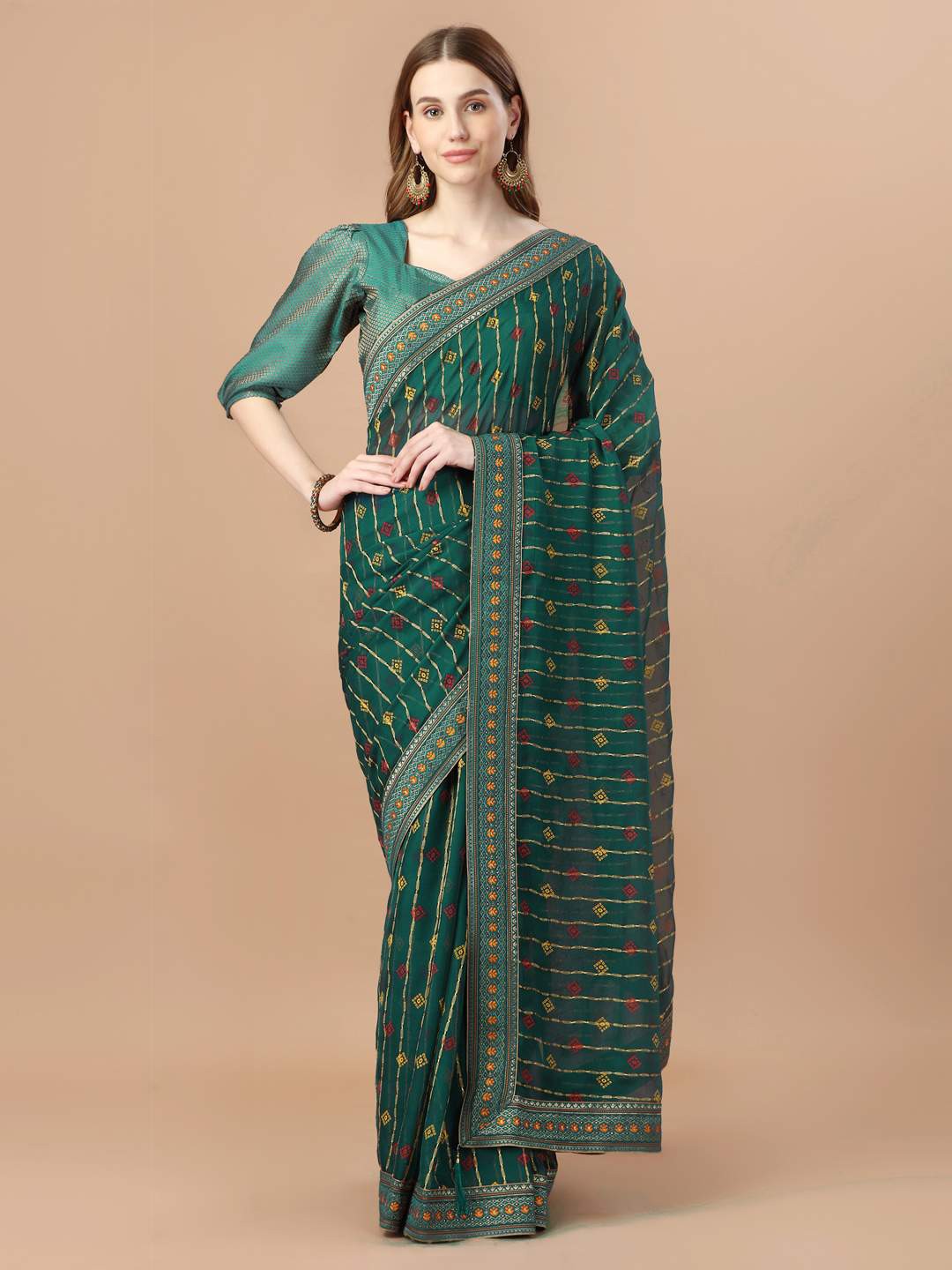 

Indian Women Geometric Printed Pure Chiffon Saree, Green
