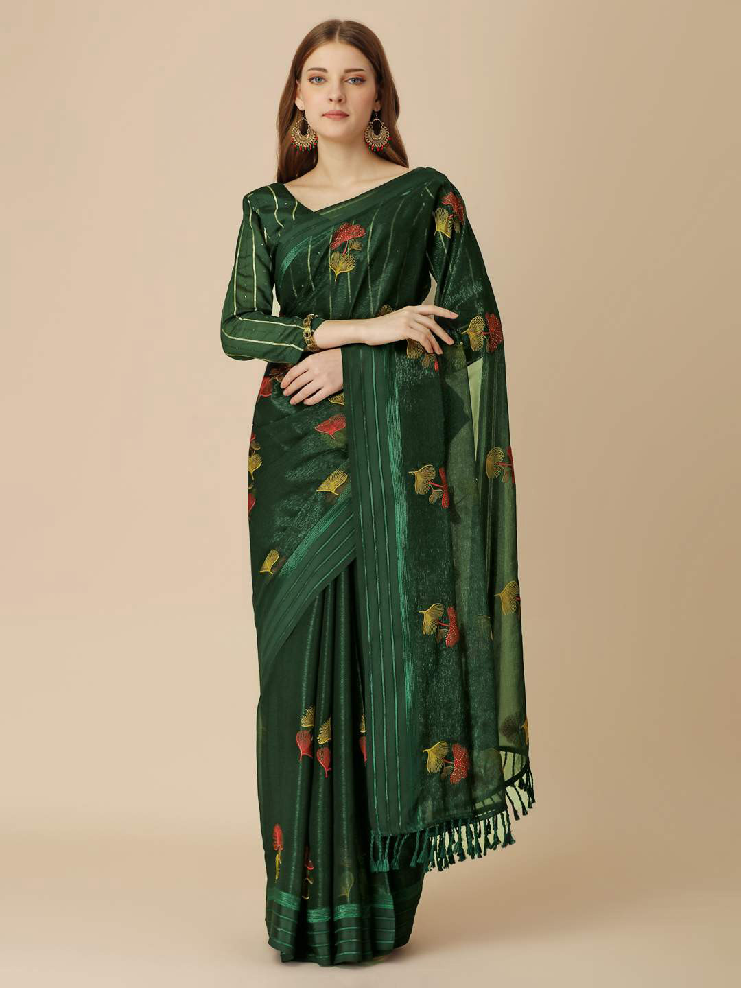 

Indian Women Floral Embroidered Pure Chiffon Saree, Green