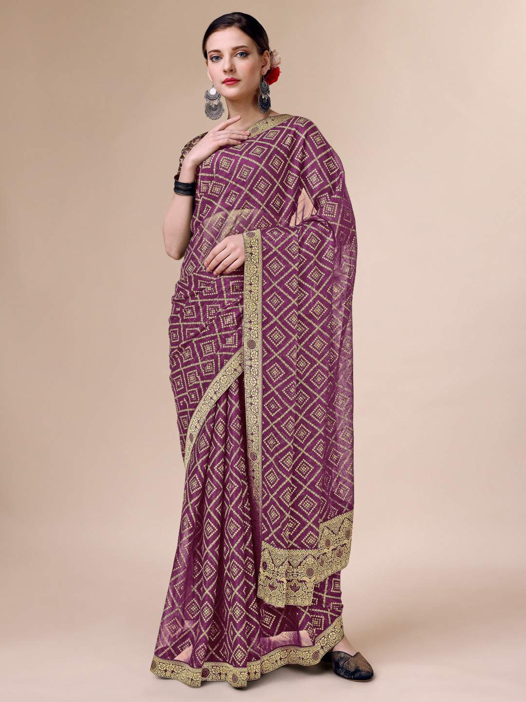 

Indian Women Bandhani Foil Printed Zari Pure Chiffon Saree, Purple
