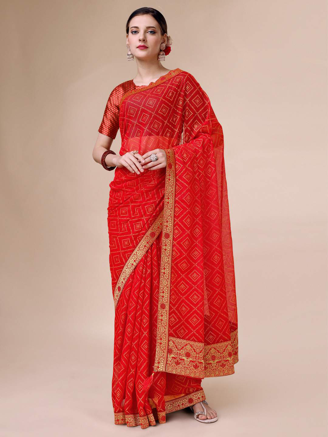 

Indian Women Bandhani Foil Printed Zari Pure Chiffon Saree, Red