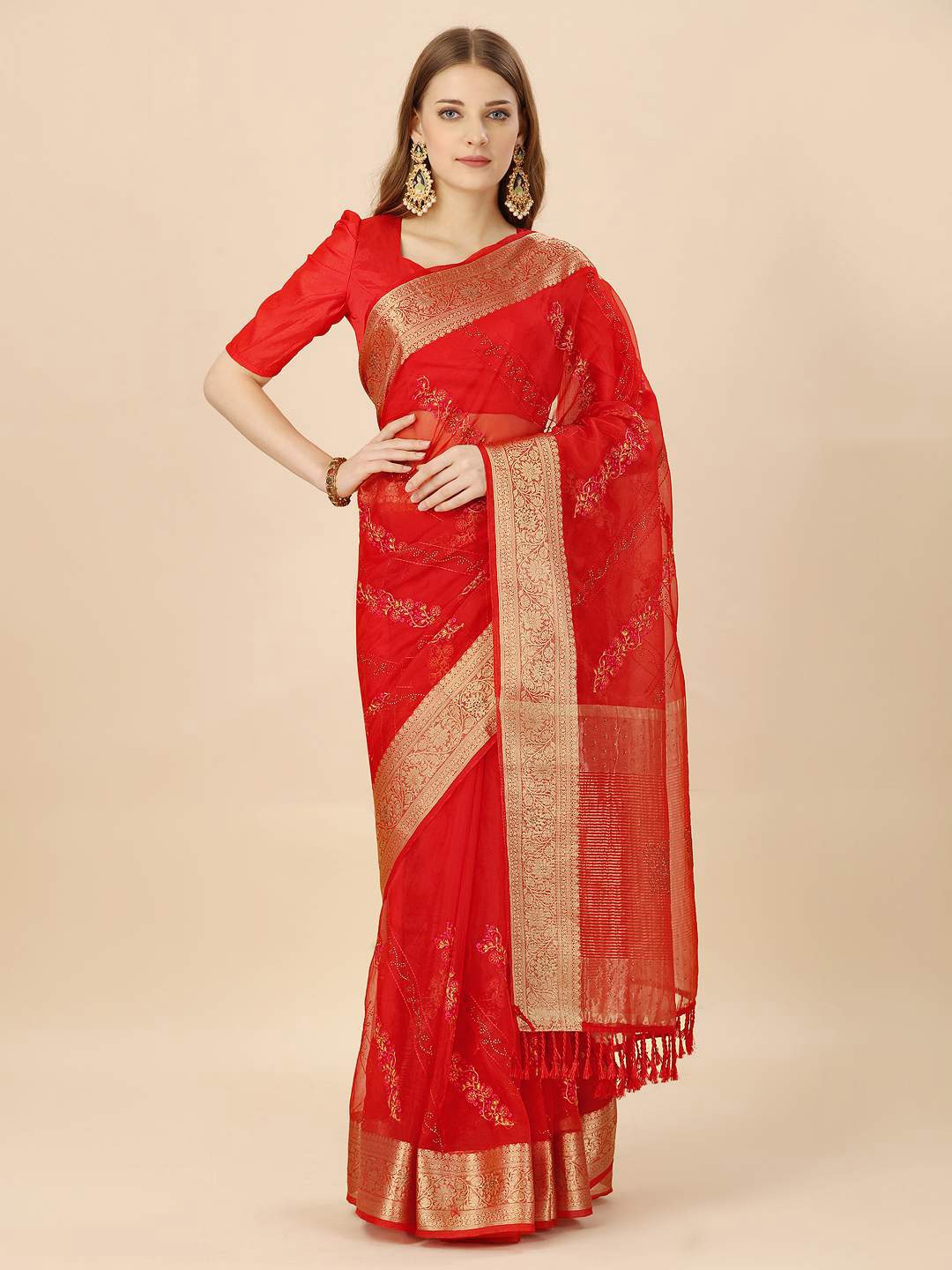 

Indian Women Ethnic Motifs Embroidered Zari Organza Saree, Red