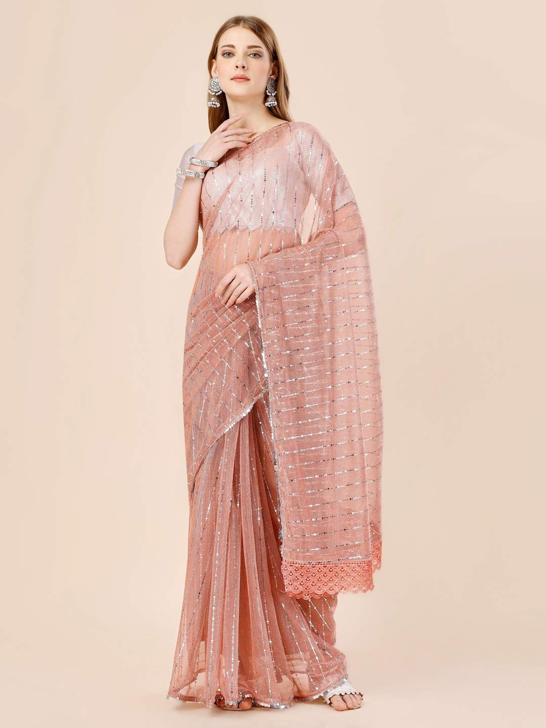 

Indian Women Embellished Sheer Saree, Pink