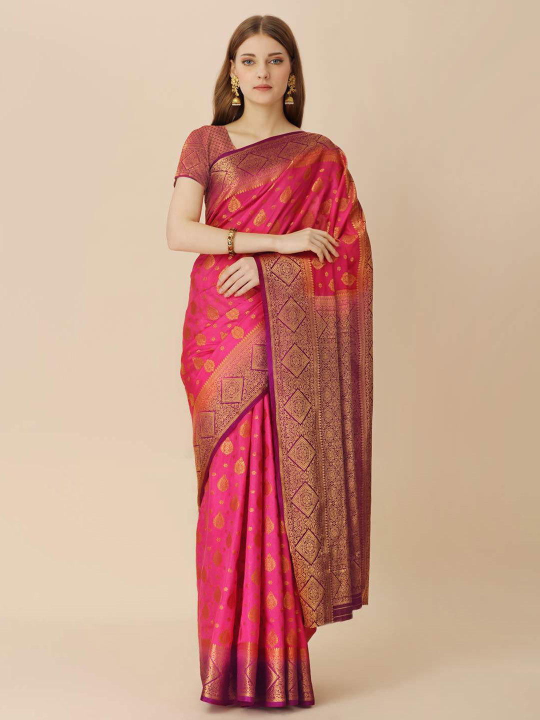 

Indian Women Ethnic Motifs Woven Design Zari Saree, Pink
