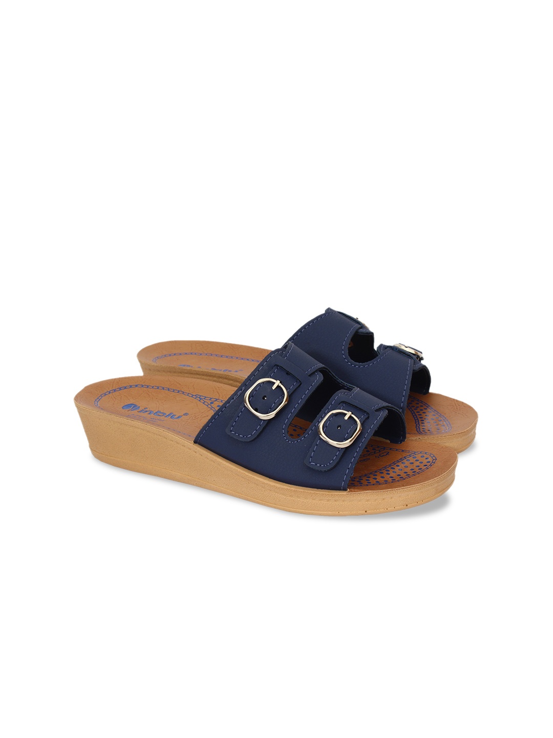 

Inblu Lightweight & Anti Skid Open Toe Wedges With Buckles, Navy blue