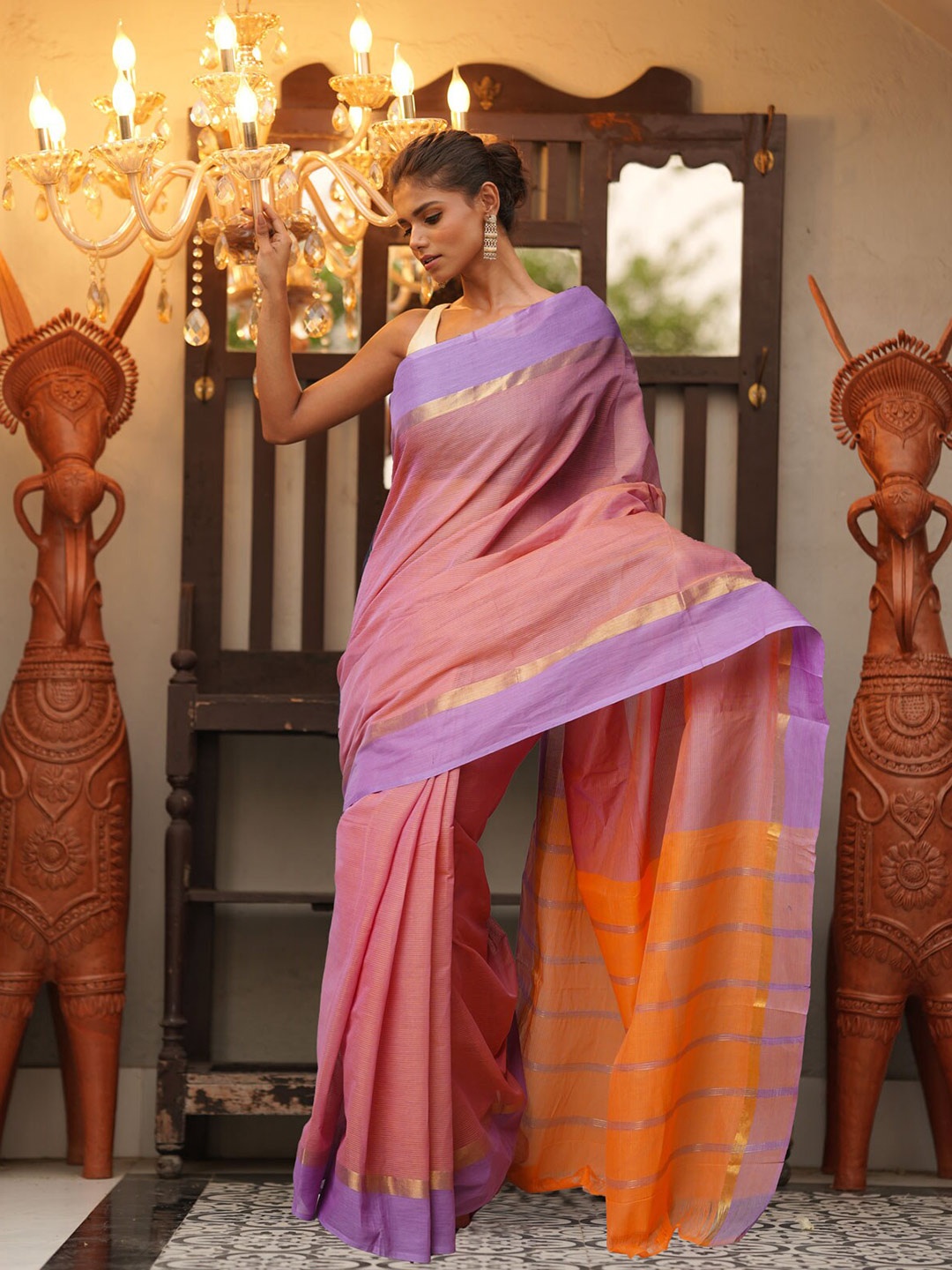 

Unnati Silks Striped Zari Pure Cotton Mangalagiri Saree, Pink