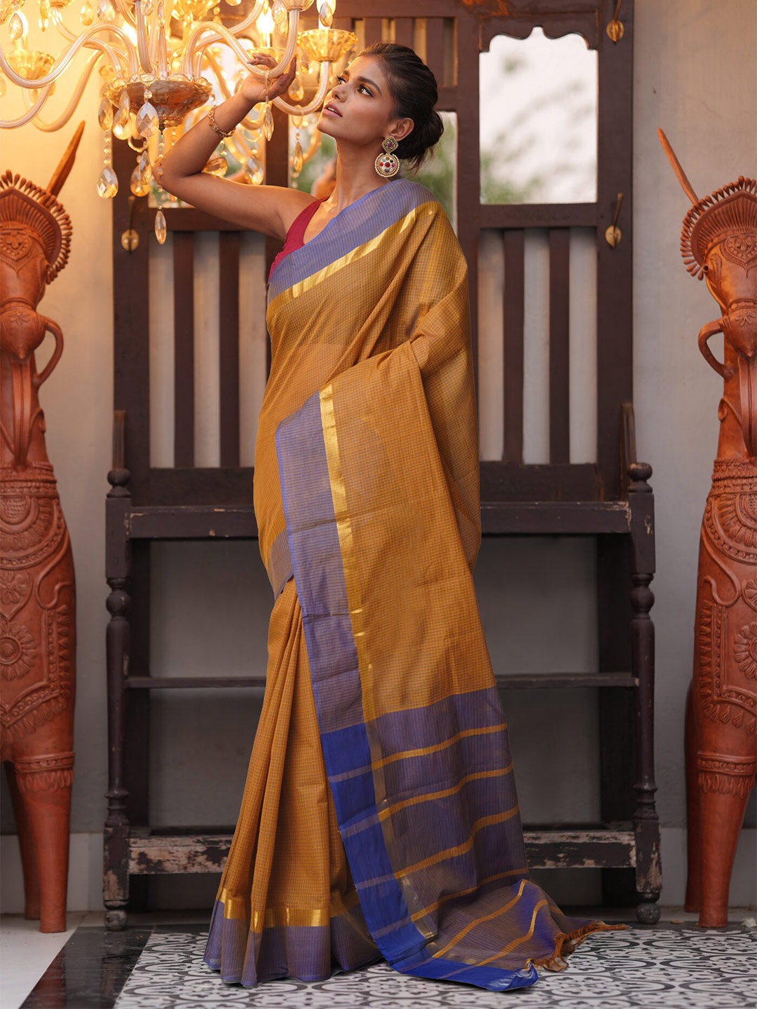 

Unnati Silks Checked Woven Design Zari Pure Cotton Mangalagiri Saree, Brown