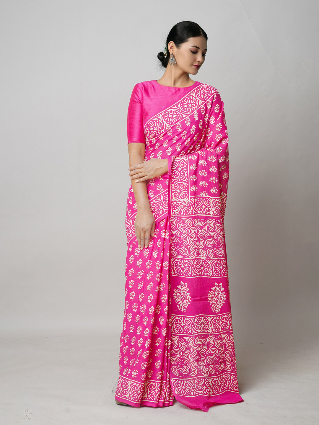 

Unnati Silks Ethnic Motifs Printed Pure Cotton Block Print Saree, Pink