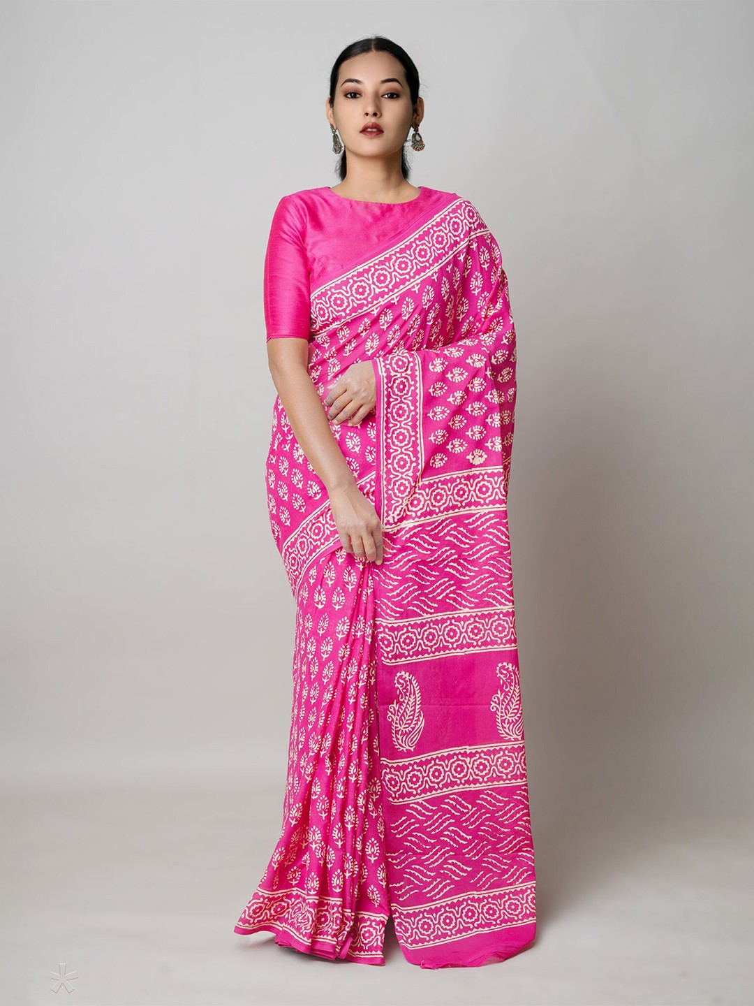 

Unnati Silks Ethnic Motifs Printed Zari Pure Cotton Block Print Saree, Pink