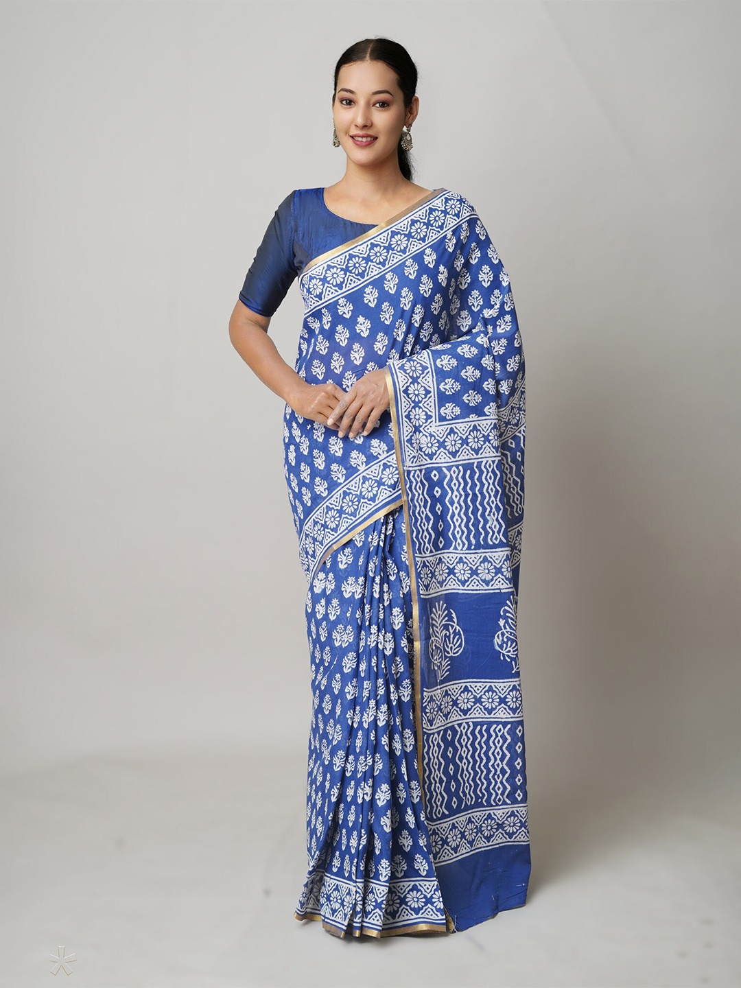 

Unnati Silks Ethnic Motifs Printed Zari Pure Cotton Block Print Saree, Blue