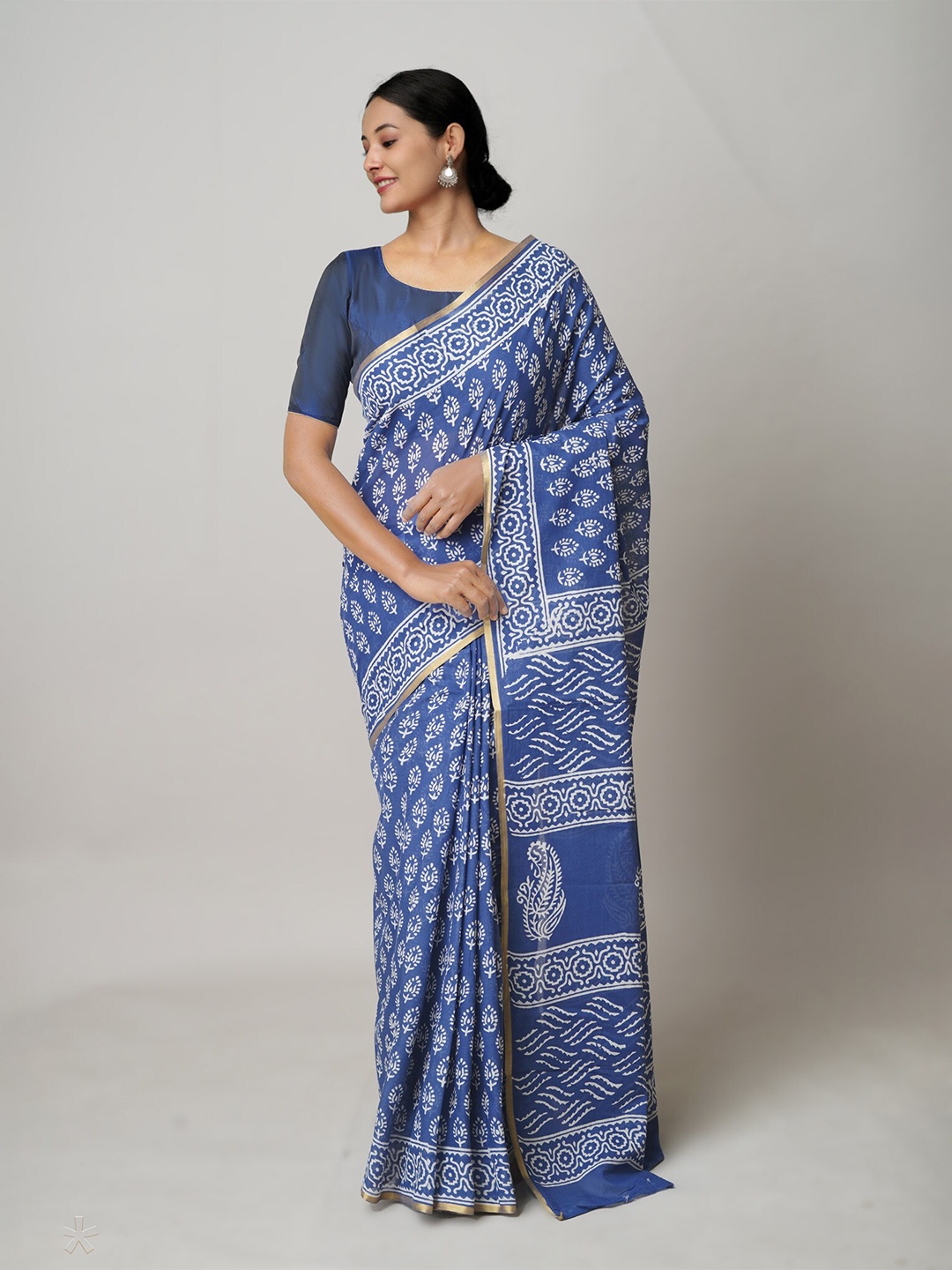 

Unnati Silks Floral Printed Zari Pure Cotton Block Print Saree, Blue