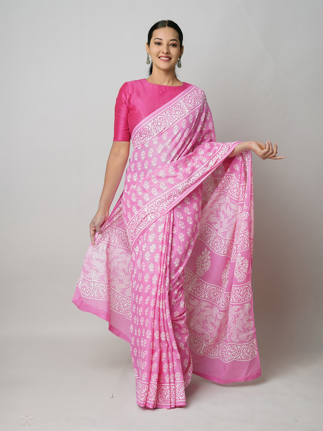 

Unnati Silks Ethnic Motifs Printed Pure Cotton Handloom Block Print Saree, Pink