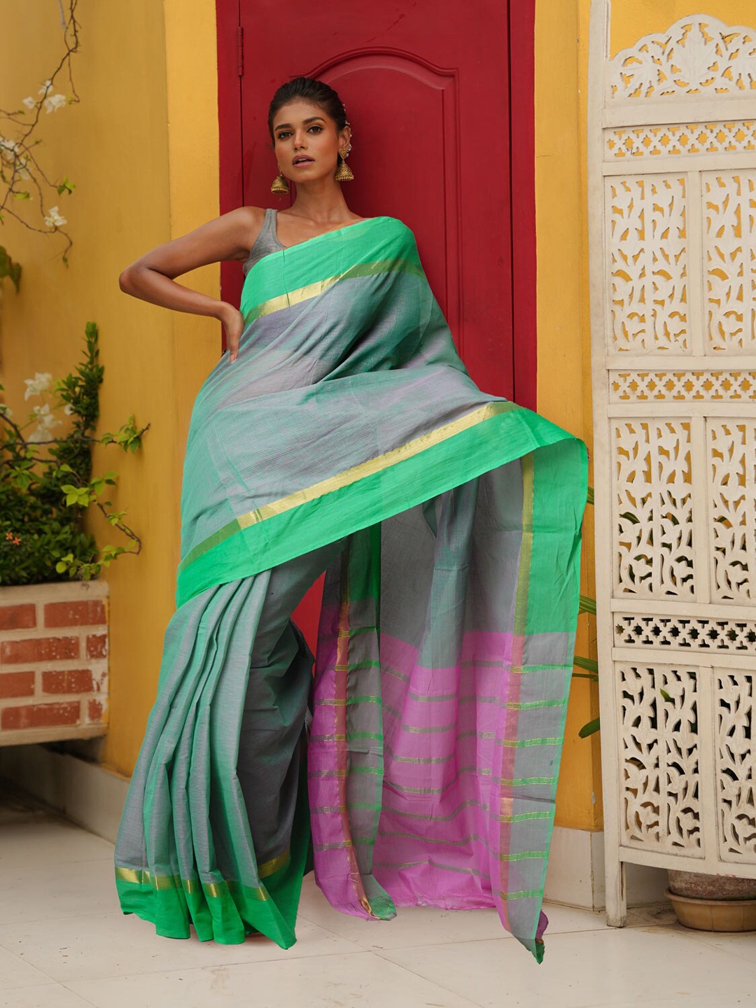 

Unnati Silks Zari Pure Cotton Handloom Mangalagiri Saree, Green