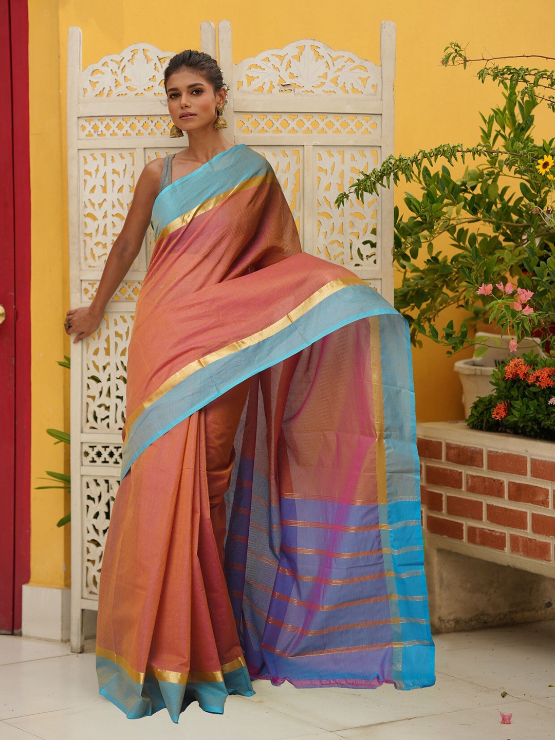 

Unnati Silks Zari Pure Cotton Handloom Mangalagiri Saree, Pink
