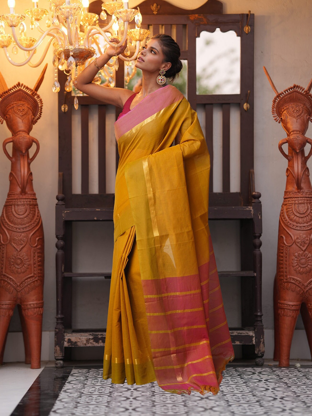 

Unnati Silks Zari Pure Cotton Handloom Mangalagiri Saree, Mustard