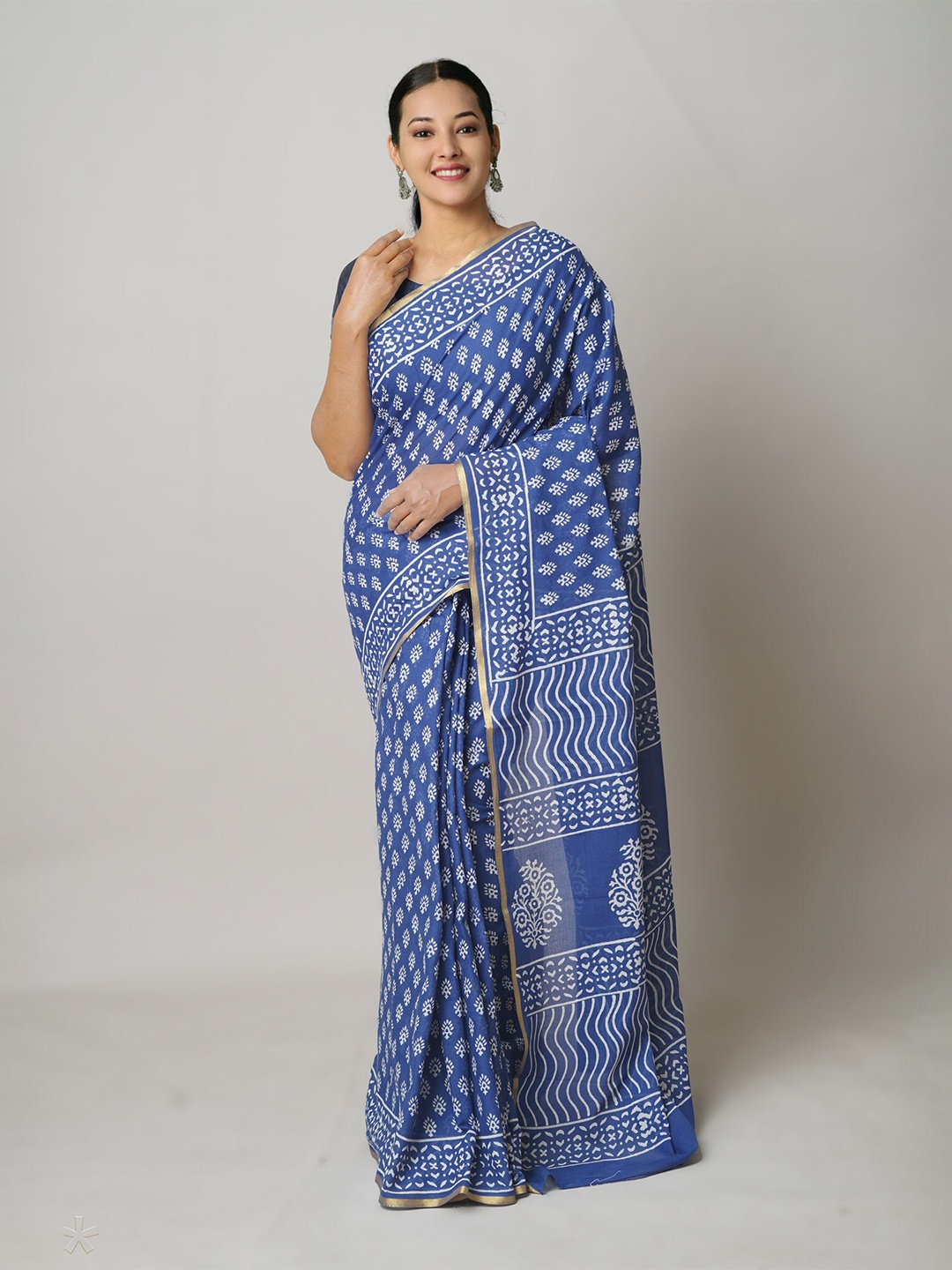 

Unnati Silks Ethnic Motifs Zari Pure Cotton Block Print Saree, Blue