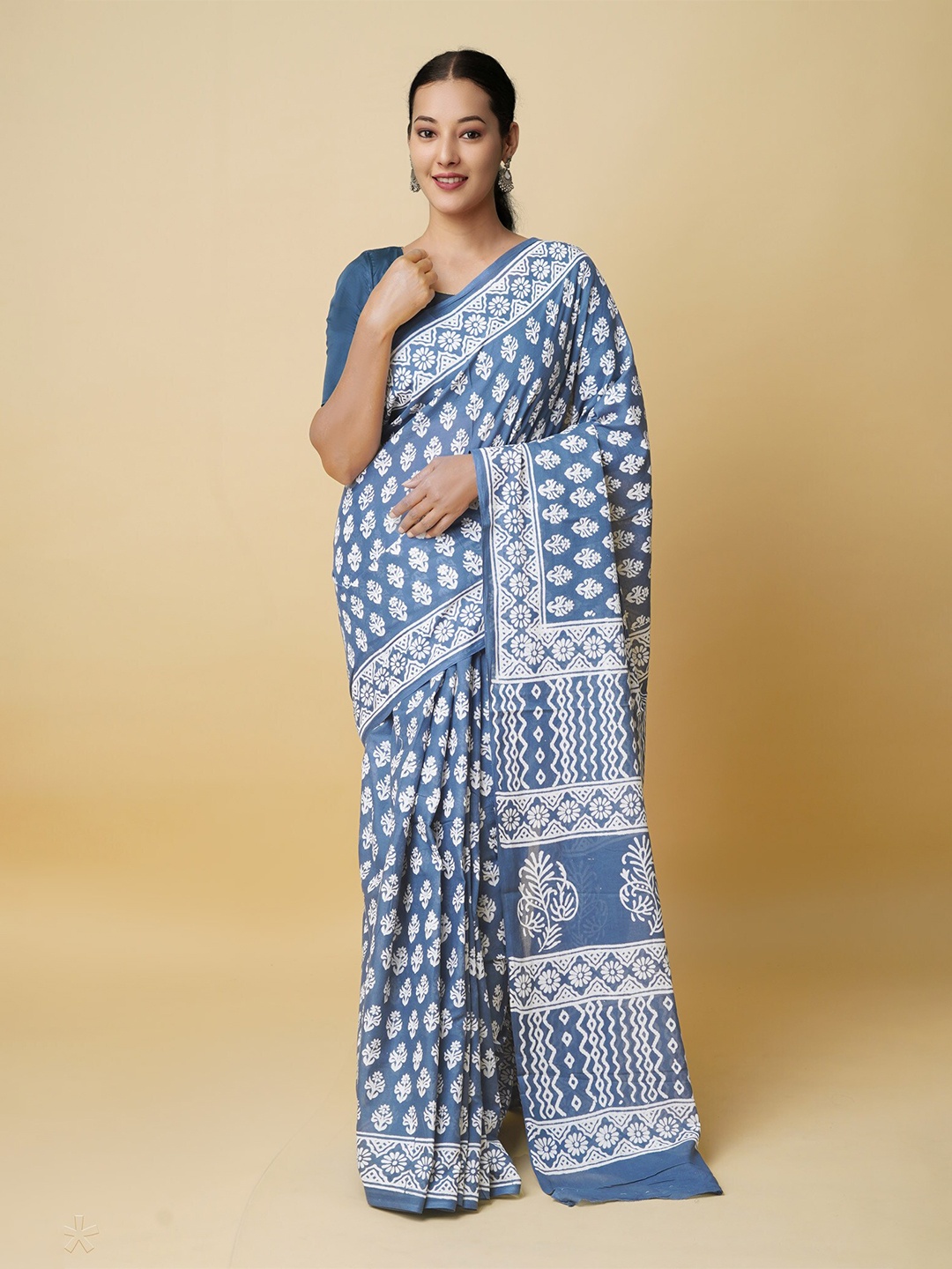 

Unnati Silks Ethnic Motifs Pure Cotton Block Print Saree, Blue