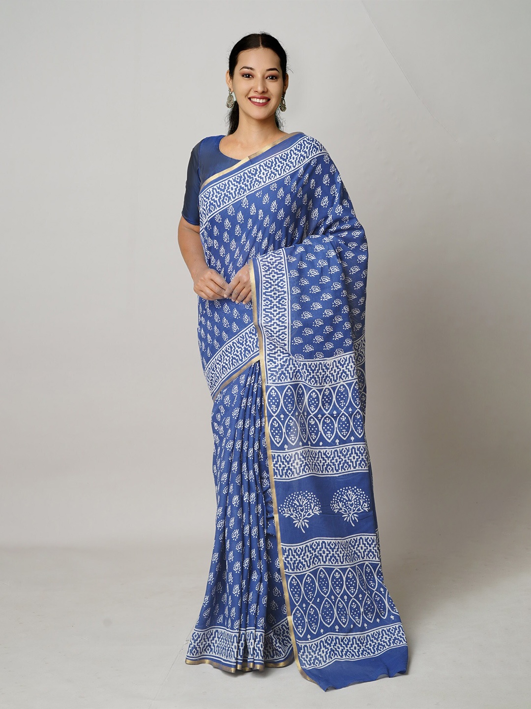 

Unnati Silks Ethnic Motifs Zari Pure Cotton Block Print Saree, Blue