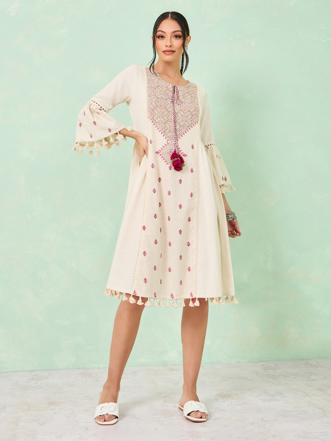 

Styli Ethnic Motif Embroidered Tie-Up Neck Cotton A-Line Midi Dress, Off white