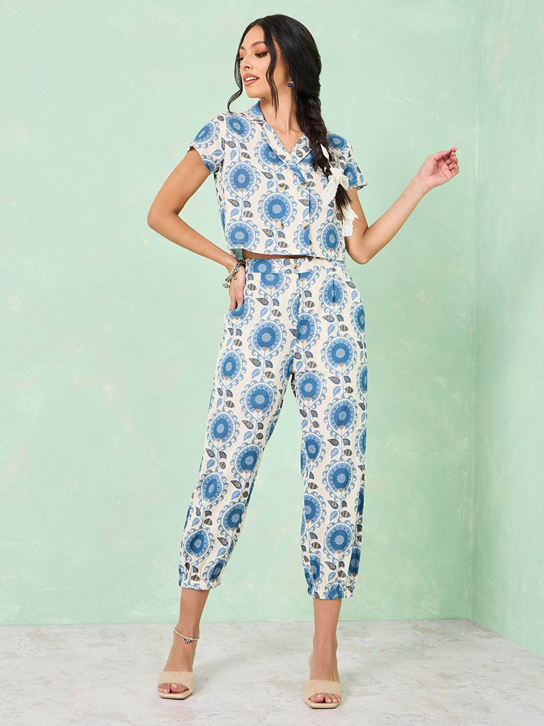 

Styli Ethnic Motifs Printed Pure Cotton Top With Trousers, Blue