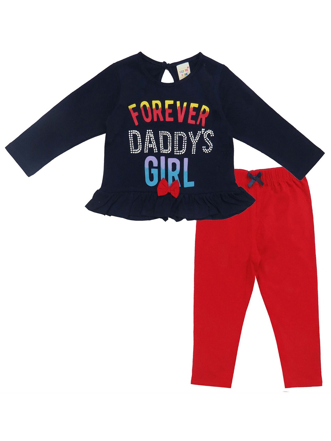 

Clothe Funn Girls Printed Pure Cotton Top with Pyjamas, Navy blue