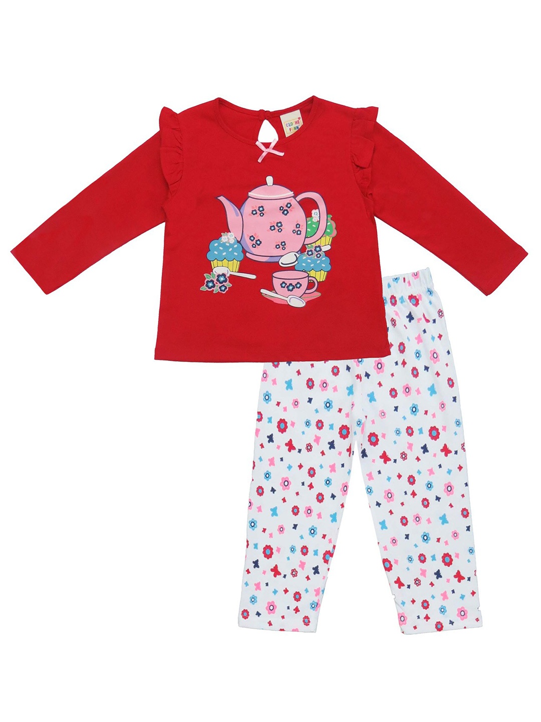 

Clothe Funn Girls Printed Pure Cotton Top with Pyjamas, Red