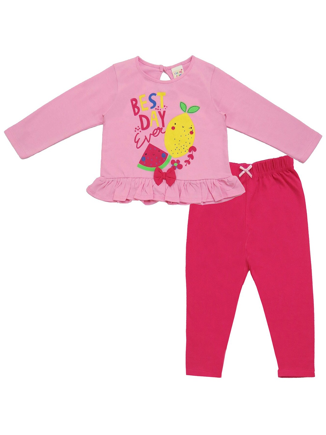 

Clothe Funn Girls Printed Ruffles Pure Cotton Top with Pyjamas, Pink