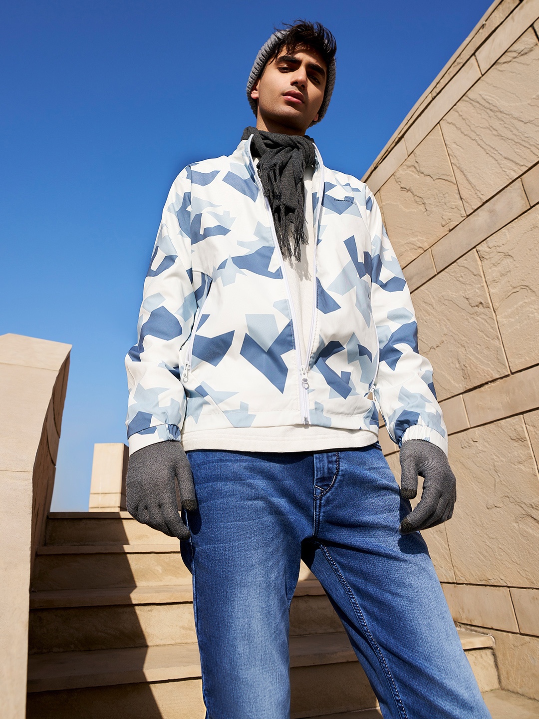 

Crimsoune Club Geometric Printed Stand Collar Bomber Jacket, White