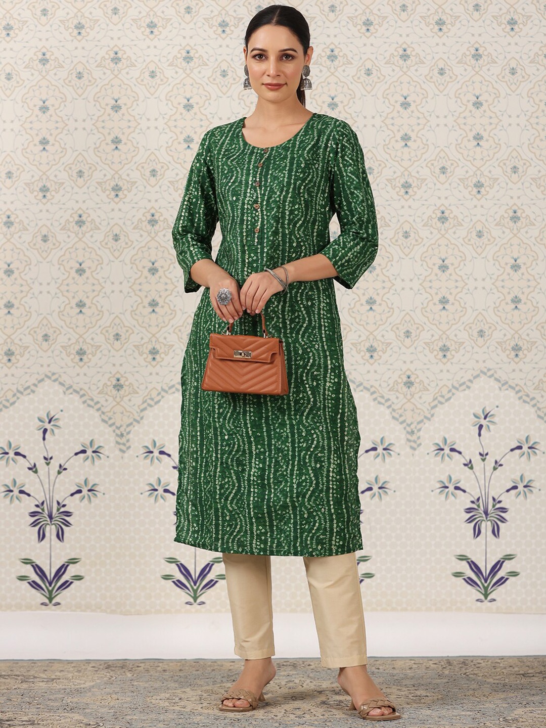 

Ode by House of Pataudi Bandhani Printed Straight Kurta, Green