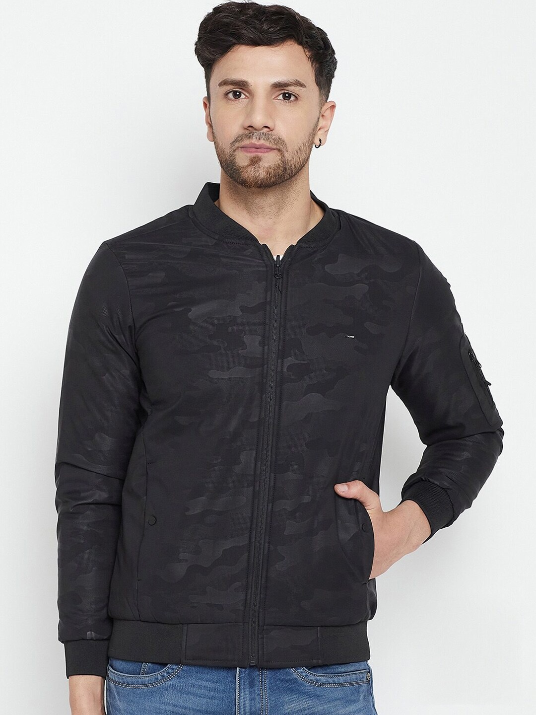 

Okane Camouflage Printed Stand Collar Reversible Bomber Jacket, Black