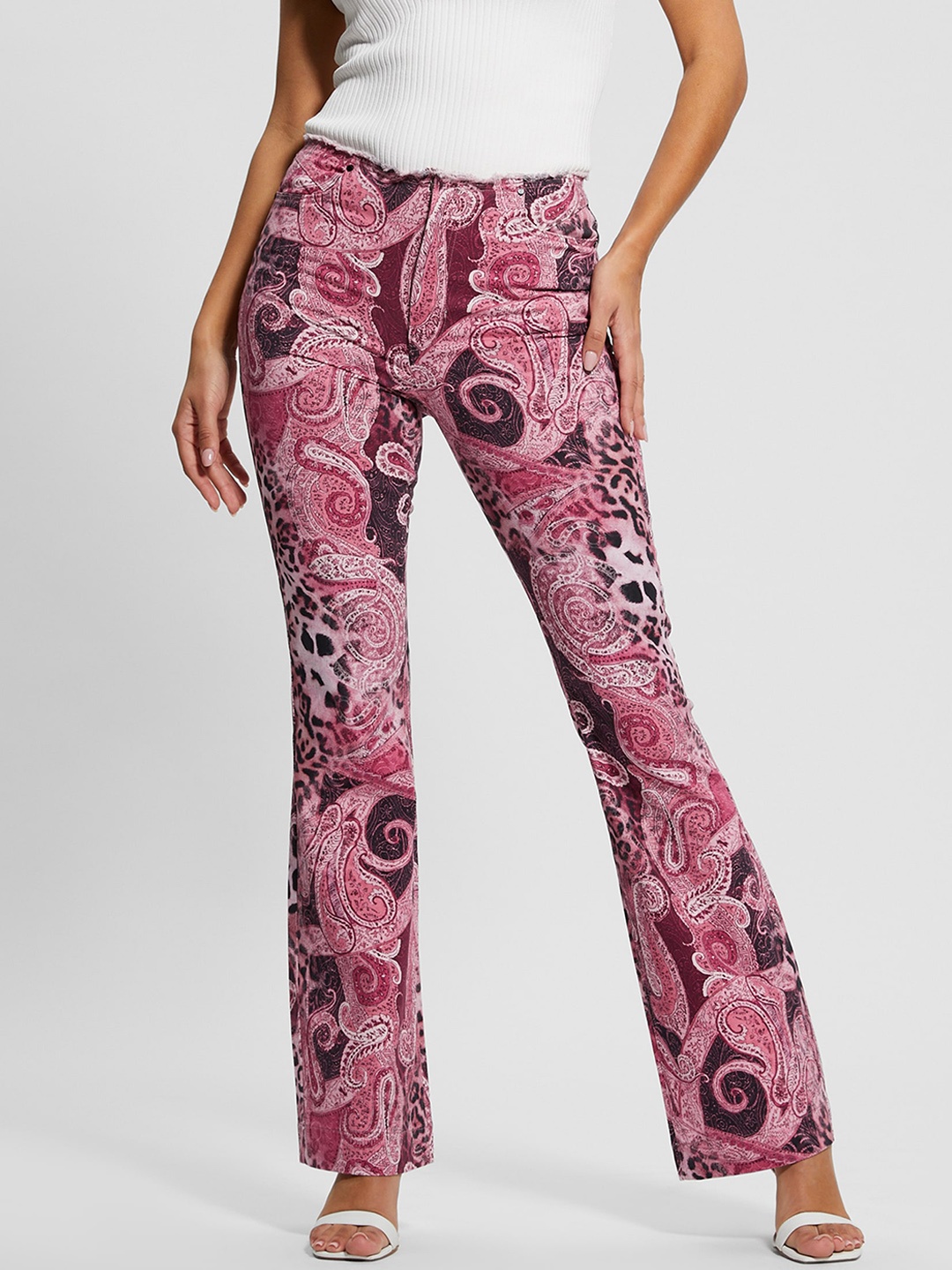 

GUESS Women Bootcut High-Rise Clean Look Printed Stretchable Jeans, Pink