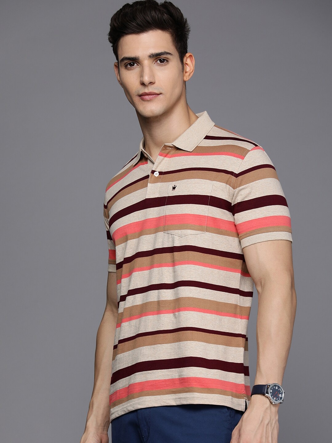 

Louis Philippe Striped Polo Collar Pure Cotton T-shirt, Beige