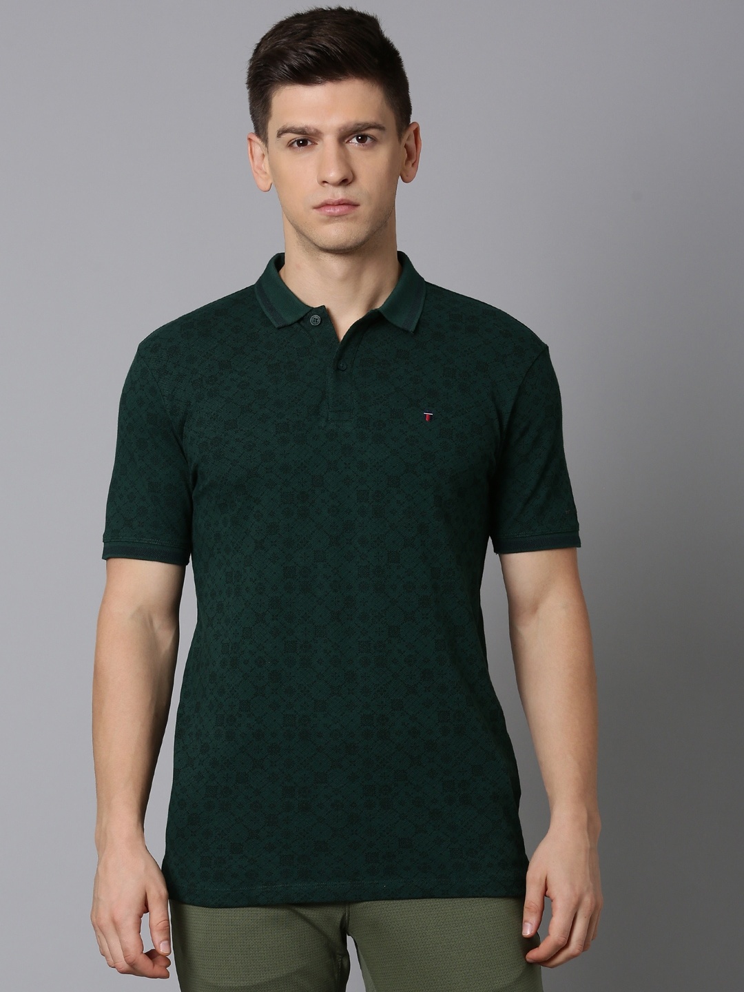 

Louis Philippe Jeans Ethnic Motif Printed Polo Collar Pure Cotton Slim Fit T-shirt, Green