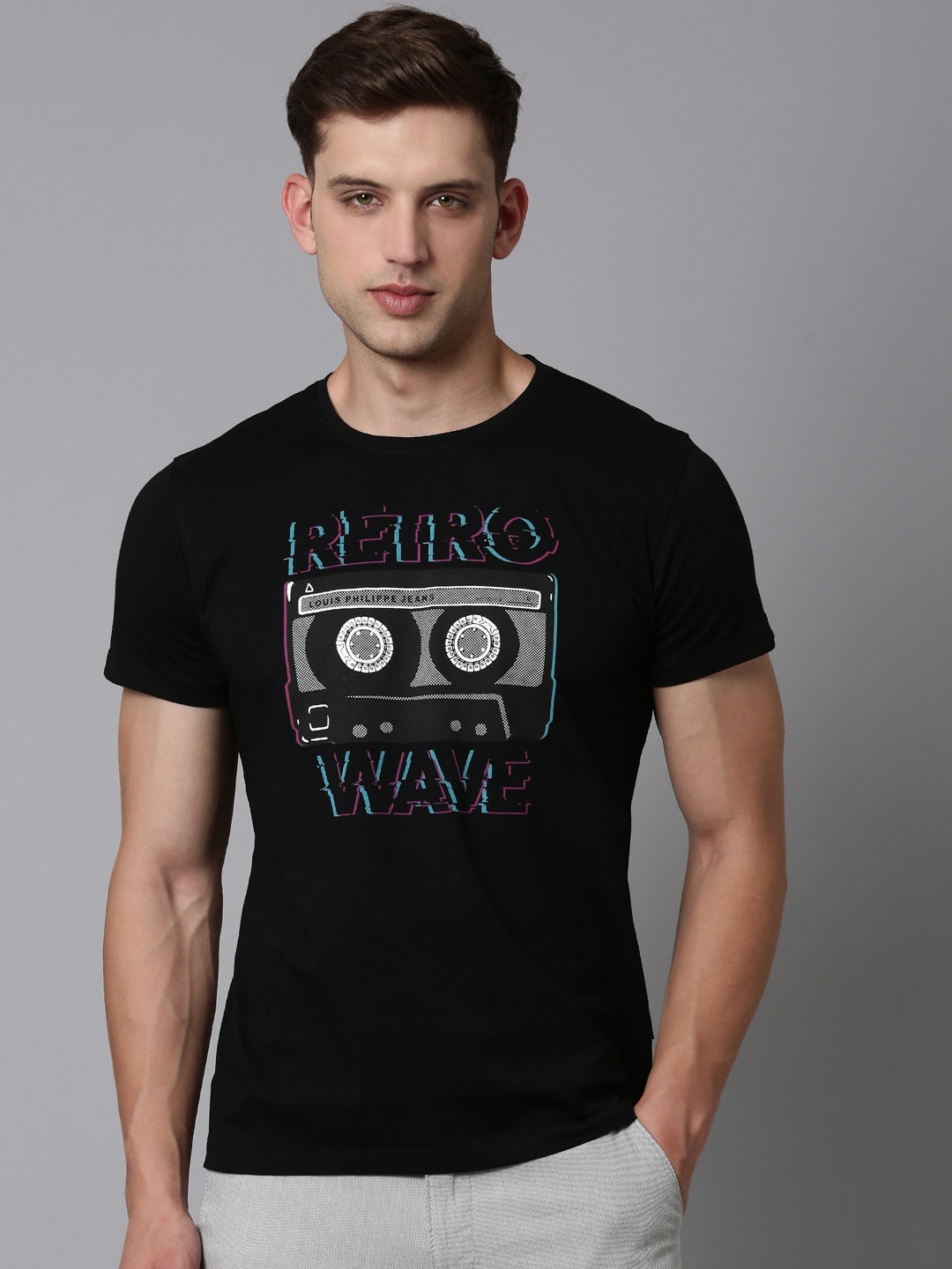 

Louis Philippe Jeans Typography Printed Slim Fit Pure Cotton T-shirt, Black