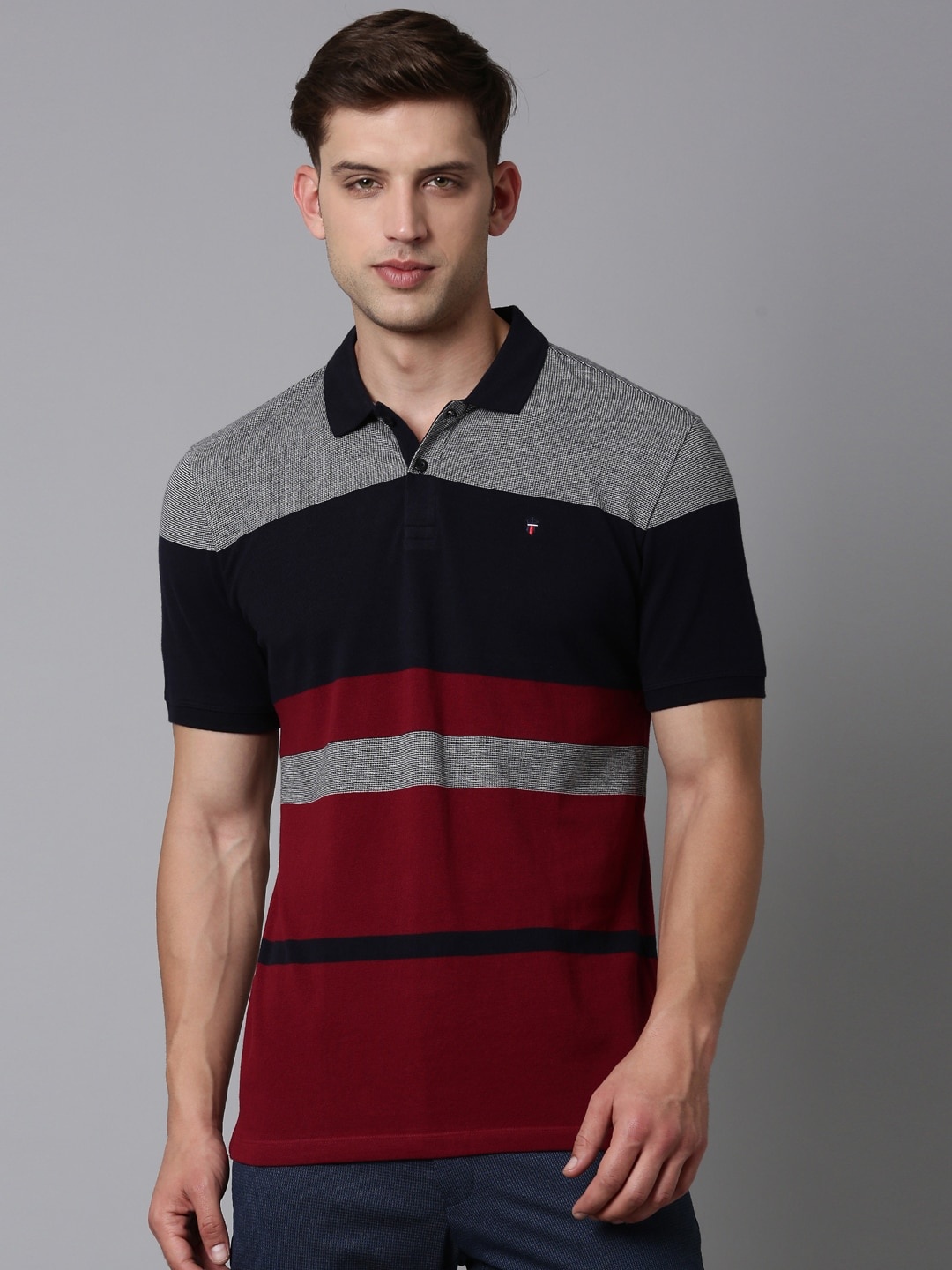 

Louis Philippe Jeans Striped Polo Collar Slim Fit Pure Cotton T-shirt, Red